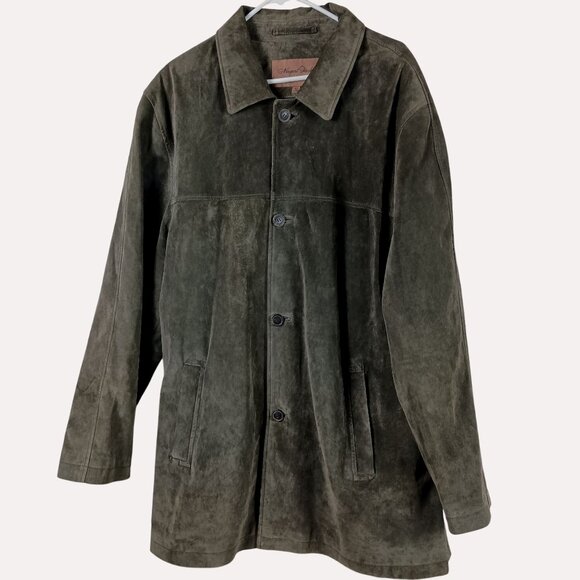 Newport Harbor Suede Leather Jacket Mens XL Olive Green 90s Indie Button Front - Picture 1 of 13